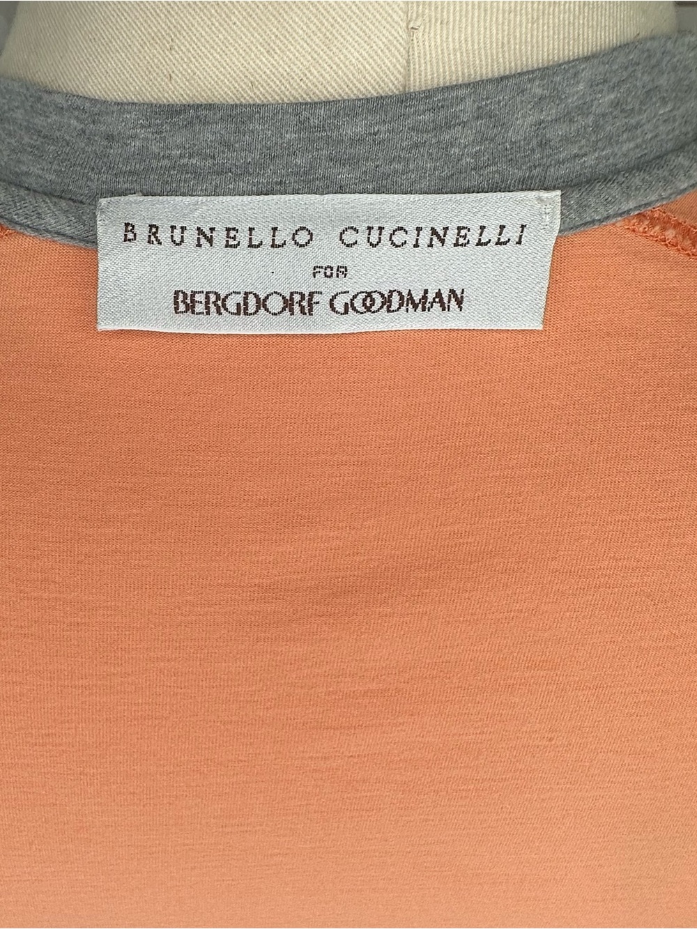 Brunello Cucinelli for Bergdorf Goodman Peach Crew Neck T-Shirt with Gray Collar